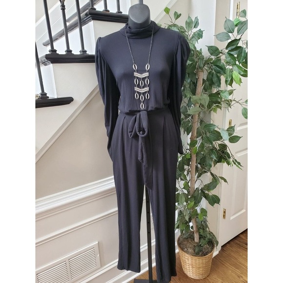 Express Womens Black Solid Rayon High Neck Long Sleeve Wide Leg Jumpsuit Size M - Picture 2 of 13